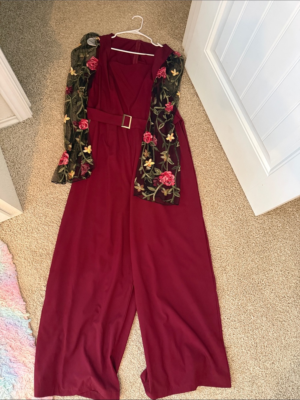 Women's Deep Red Wide-Leg Jumpsuit with Belt